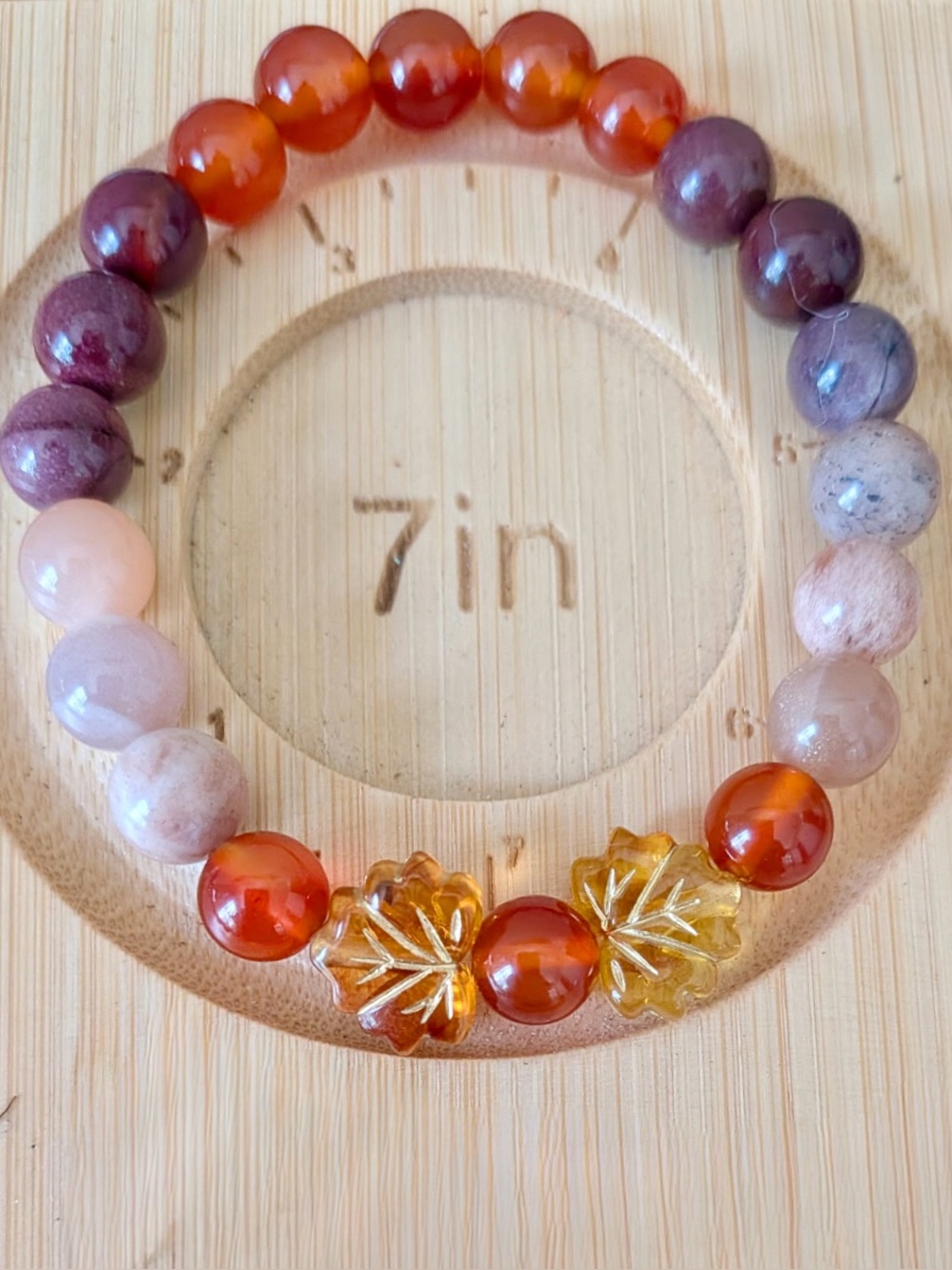 Handmade Autumn Gemstone & Leaf Beaded Stretch Bracelet Size 6.75-7